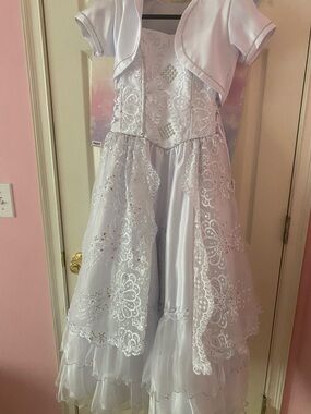 White Embellished Formal Girl's Dress with Bolero first communion dress vestido